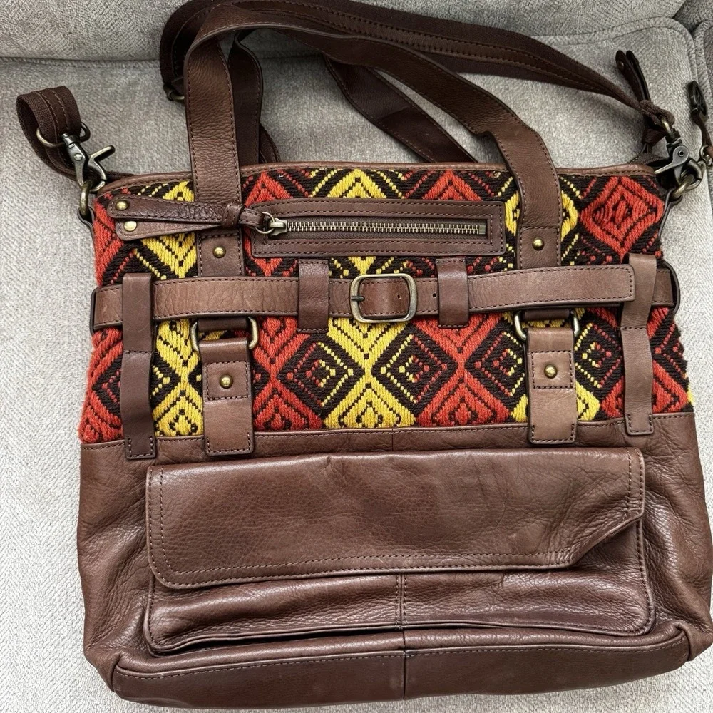 Audrey Brooke Leather Woven Bag Shoulder Bag Crossbody Brown Red Yellow‎ Tribal